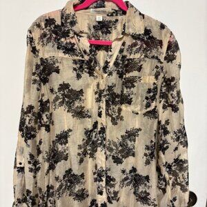 Coldwater Creek Semi-Sheer Blouse Gold/Black Floral Pearl Snap Bttns Tencel. XL